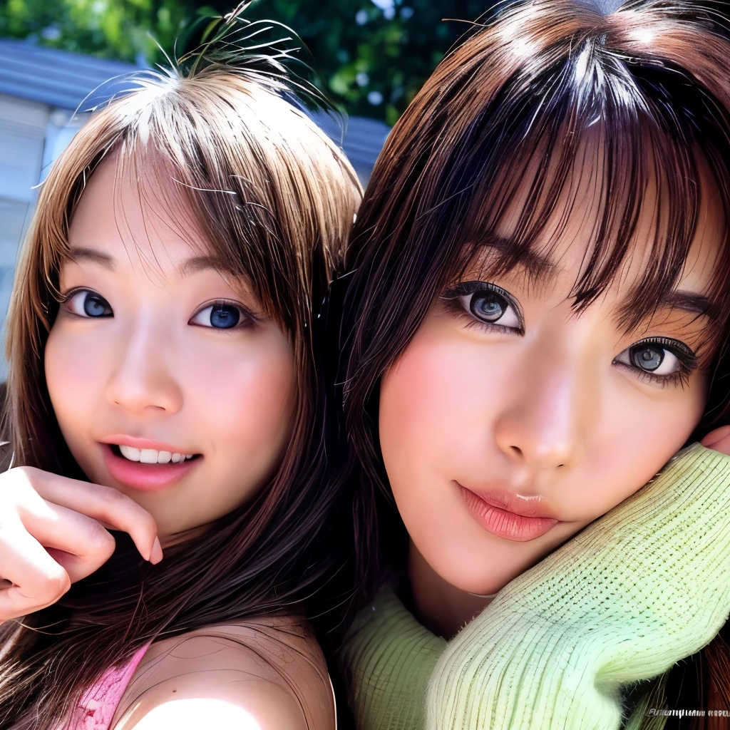 Two women of the same person huddled together、Exactly the same face、Exactly the same body type、Exactly the same hairstyle、Instagram model from another dimension, by 2 person, Imaginative, Metaphysical, Whimsical, Anaglyph Style, 1 Japan, Cute face, 18-year-old,