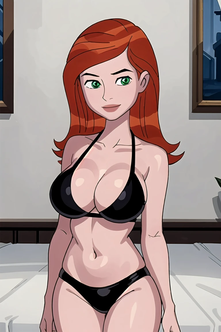 gwentennyson, (8k, RAW photo, best quality, masterpiece:1.2), (intricate details), perfect eyes, perfect face, perfect lighting, beautiful, (masterpiece:1.2), (best quality:1.2), 1girl, cartoon style, solo, redhead, green eyes, black bikini , smile , big breasts , wide hips , milf , 