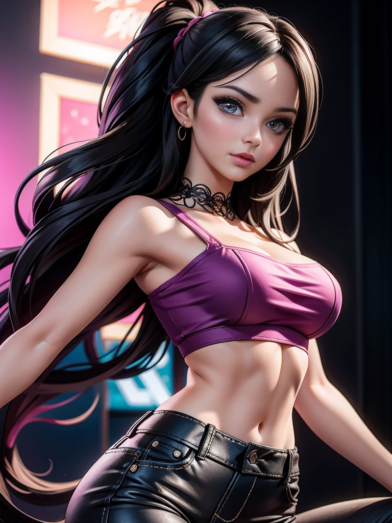 1 woman, 45 years old, black mini crop top, low waist baggy pants, detailed face, beautiful eyes, detailed lips, long eyelashes, intricate hairstyle, elegant pose, bright lighting, photorealistic, 8k, masterpiece, highly detailed, realistic, hot pink and purple color palette, dramatic lighting, cinematic, moody, portrait