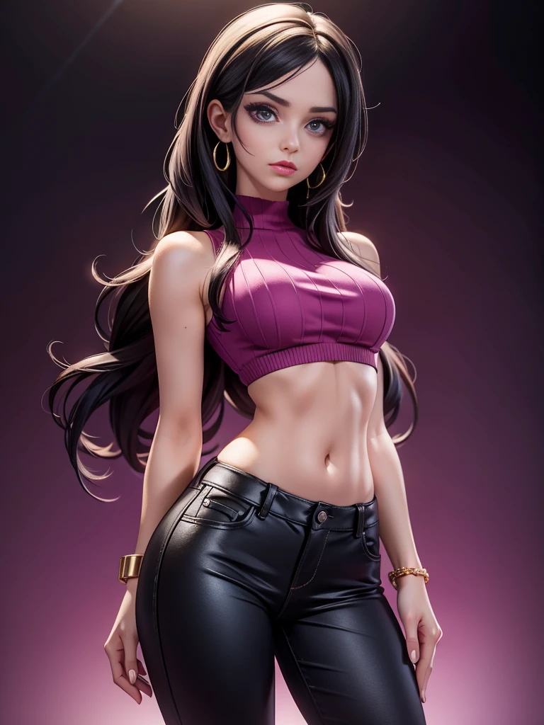 1 woman, 45 years old, black mini crop top, low waist baggy pants, detailed face, beautiful eyes, detailed lips, long eyelashes, intricate hairstyle, elegant pose, bright lighting, photorealistic, 8k, masterpiece, highly detailed, realistic, hot pink and purple color palette, dramatic lighting, cinematic, moody, portrait