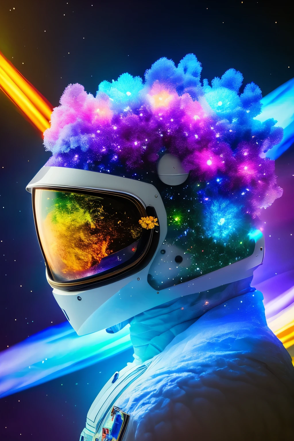 In this captivating close-up shot, a luminescent 3D render of an astronaut drifts gracefully towards the camera, enshrouded in a mesmerizing kaleidoscope of blossoming flowers. Each petal glows with an otherworldly radiance, casting a prismatic spectrum of light that dances upon the astronaut's helmet visor. As the image unfolds, dice appear to fall from the sky, their trajectories echoed in the astronaut's visor, lending an otherworldly and ominous aura to the scene. This celestial omen is brought to life with vivid, exaggerated hues reminiscent