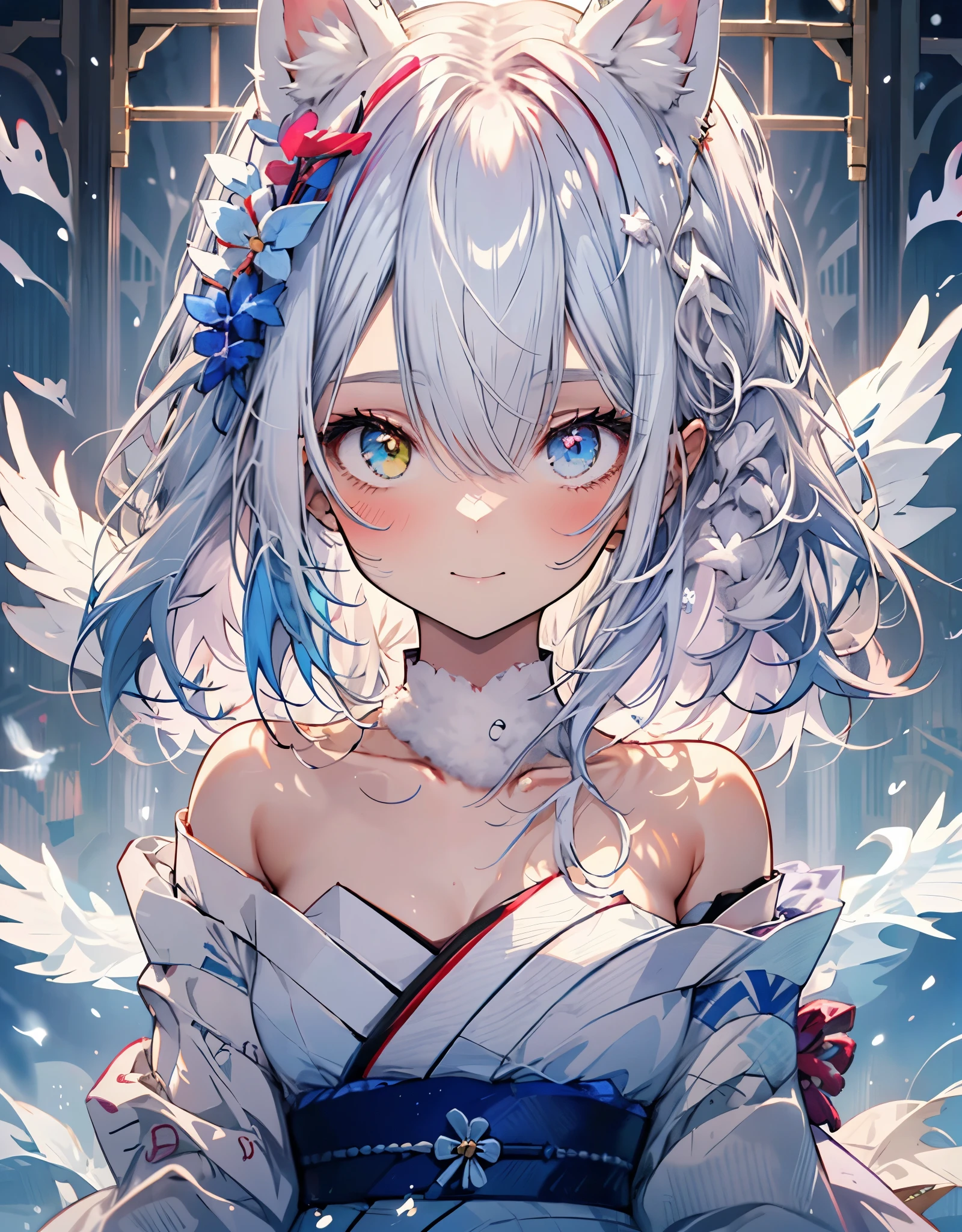 [[[ ultra-detailed, best quality, soft skin, beautiful, 4K]]] white hair, white fox ears, perfect blue and red eyes (heterochromia, tied-up hair, slender body, dynamic angle, white choker, white and blue upper loose kimono (off shoulders kimono ) , white fox ears, calm expression, female, snowy palace gardens background, serious). walking angle, ((little horny smile)), bare shoulders,  easy like, scenery, ((white fluffy cat ears)) 