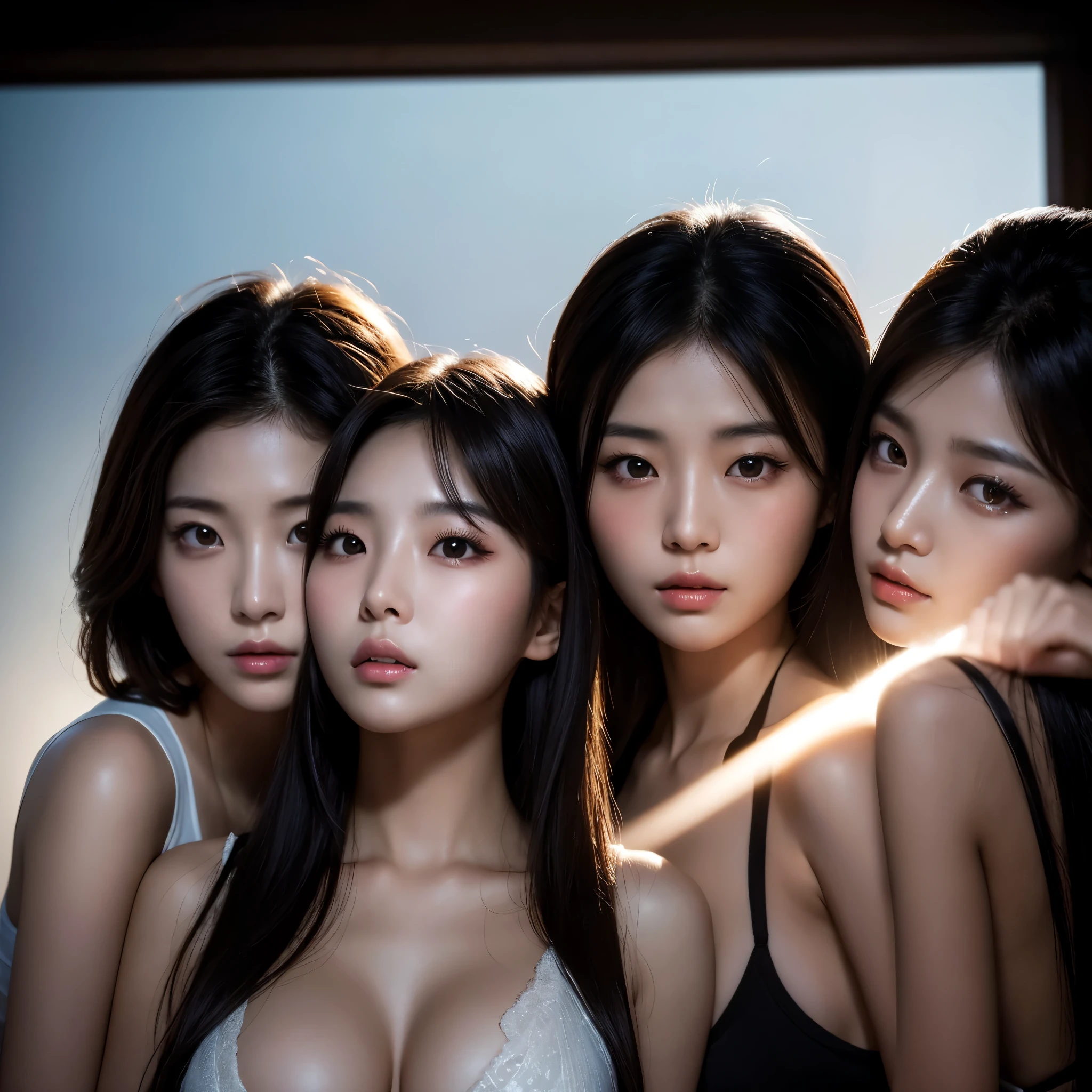 Close-up shot of three Korean beauties with seductive expressions。This scene is intense and dramatic.、Strobe lighting and strong backlighting create high contrast visuals。The women&#39;s faces are highlighted、It expresses an intense and captivating gaze.。」