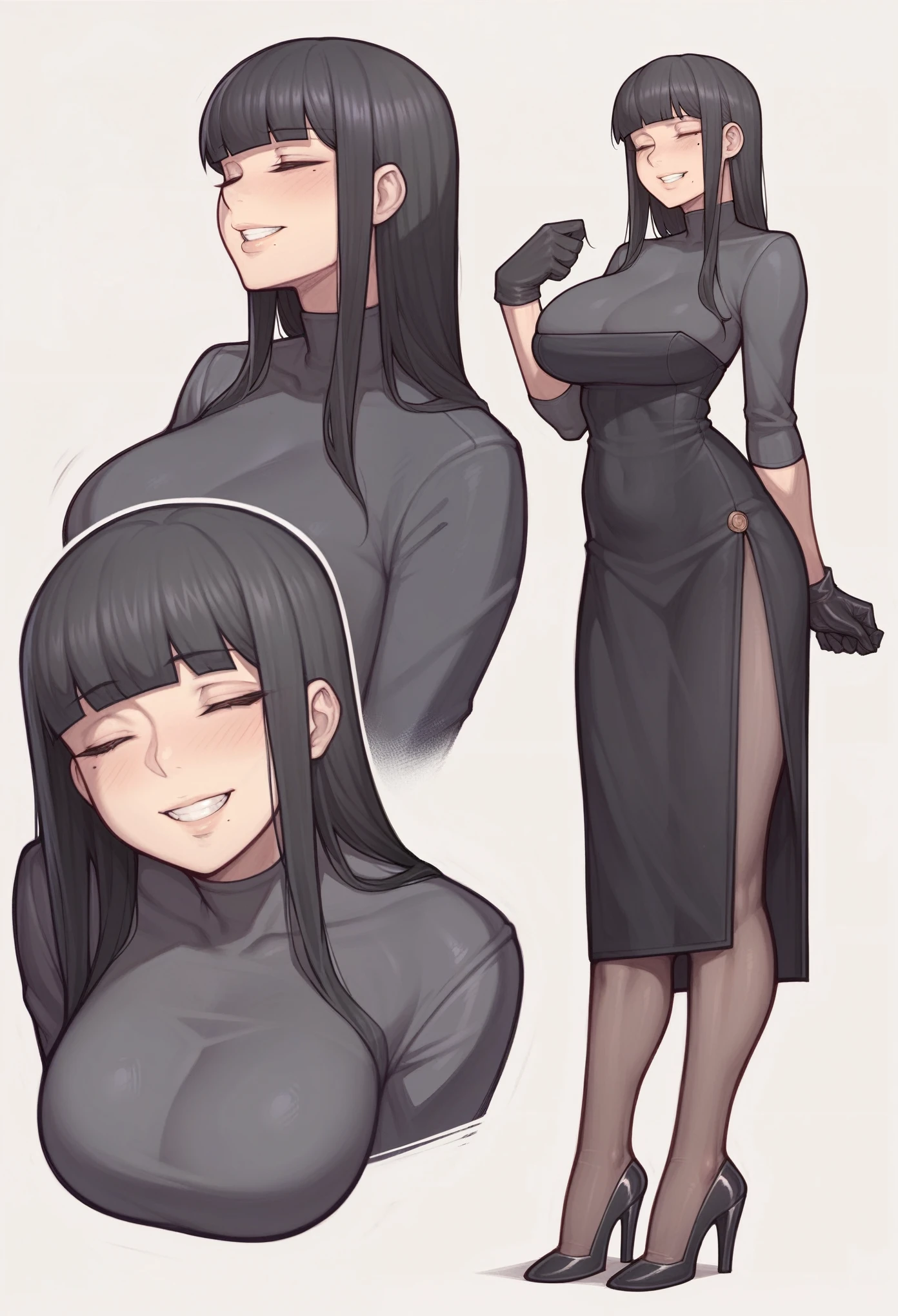 _asura style, 1girl, smile, high_heels, dress, breasts, bangs, blunt_bangs, black_dress, black_hair, closed_eyes, mole_under_mouth, multiple_views, pantyhose, ass, grin, mole, black_footwear, gloves, white_background, large_breasts, long_hair, simple_background, standing, full_body, black_gloves, side_slit, blush