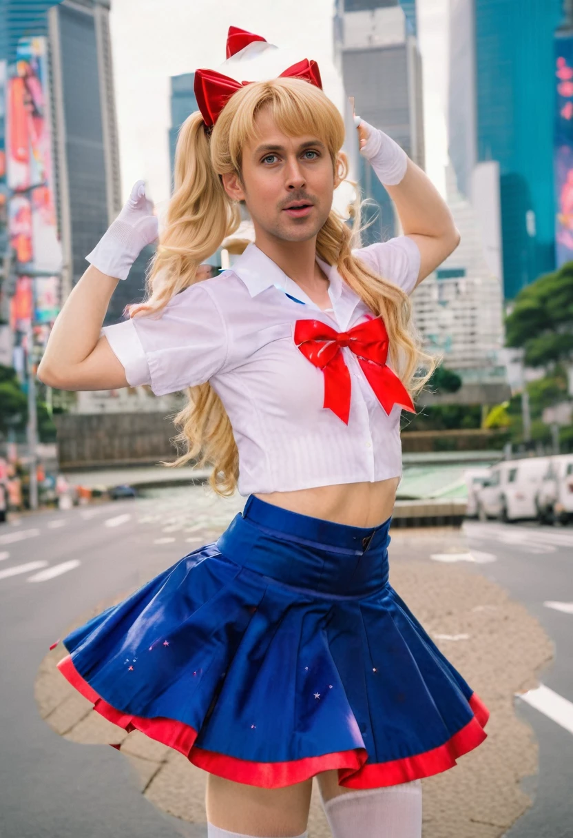 A mid shot photograph of Ryan Gosling dressed in an action pose in a magical girl outfit SailorMoon, taking_off_shirt, blue skirt, white shirt, white gloves, large red bow on chest, background Tokyo City, long blonde hair