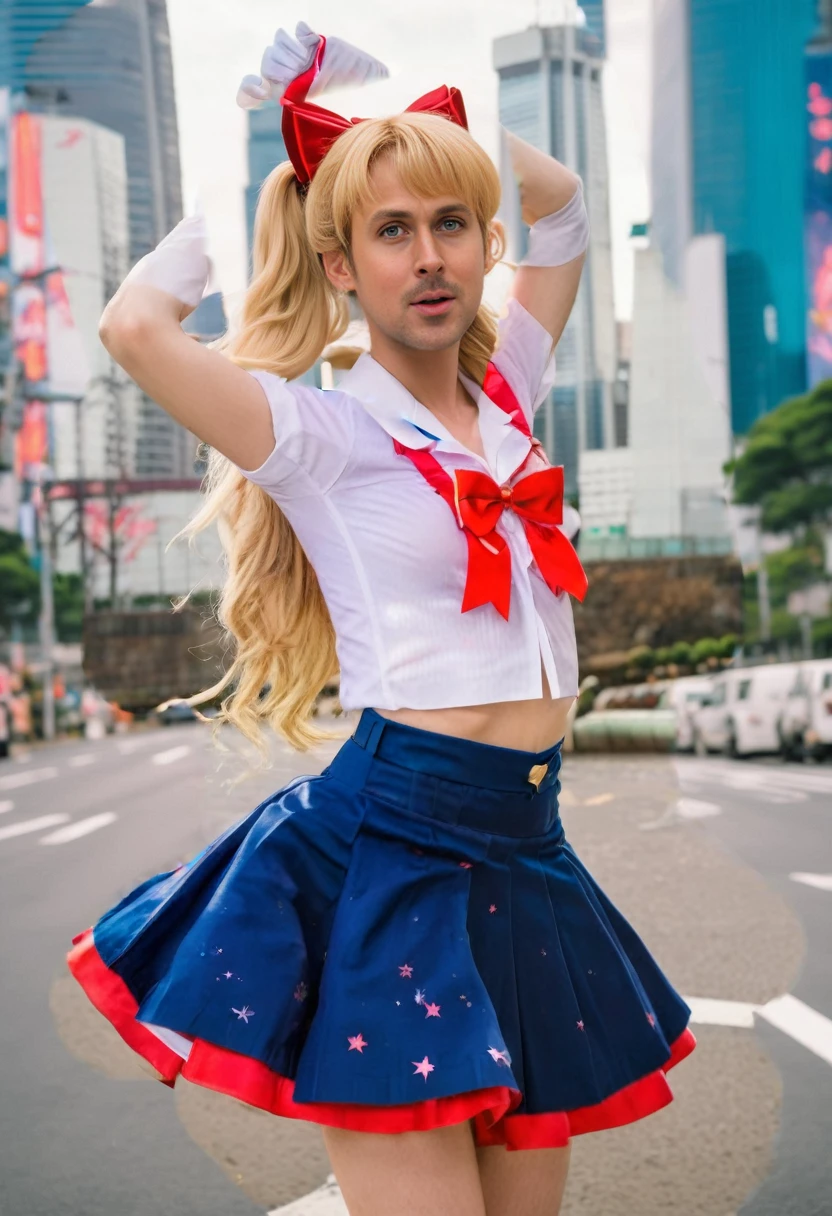 A mid shot photograph of Ryan Gosling dressed in an action pose in a magical girl outfit SailorMoon, taking_off_shirt, blue skirt, white shirt, white gloves, large red bow on chest, background Tokyo City, long blonde hair