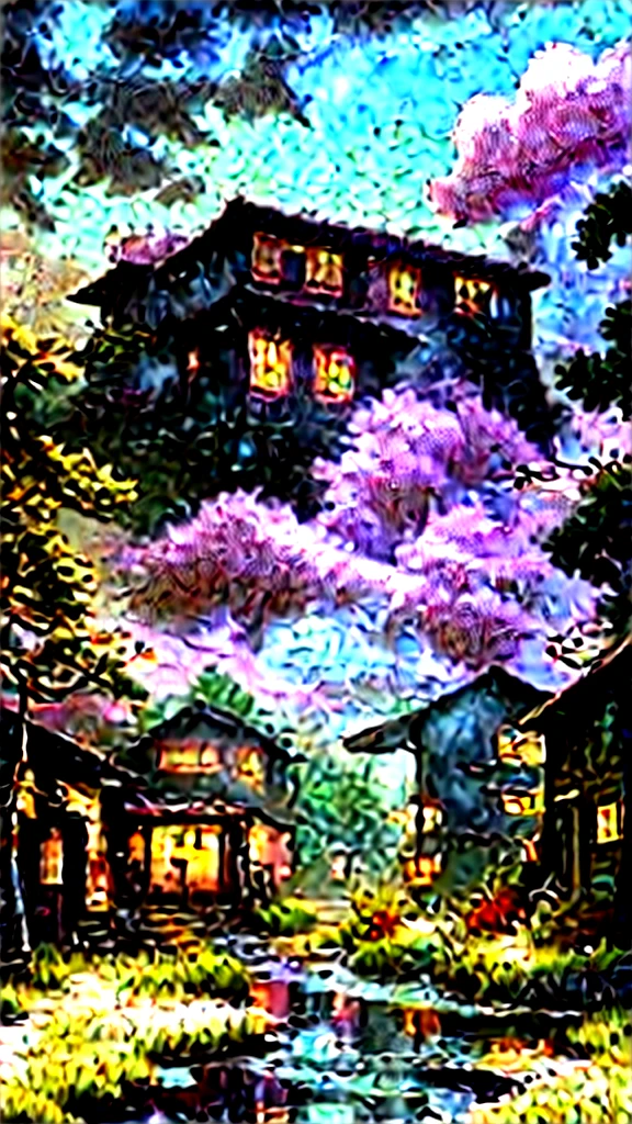 very cozy little place, hyper realism, (anime Makoto Shinkai:0.4), old shabby house in city street, home wiring, outdoors, sky, cloud, day, scenery, tree, blue sky, building, sign, wires, railing, wide shot, utility pole, town, wilderness, flowers, a lot of utensils lying around in a mess, --ar 9:16