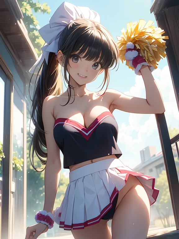 (masterpiece, Highest quality, Super detailed),girl,(Wicked Smile),ponytail, Beautiful Eyes, (sunlight),(Shine肌:1.27628),(Pick up the cheerleader pom-poms:1.2)(Dancing:1.0)(Cheerleader Costume:1.2) (Pleated skirt:1.0), Underbust,Long Hair, (ground:1.0) ,court,Look forward, Cowboy Shot,View your viewers, Dynamic Angle,Perfect Anatomy,Lens flare,Shine,sunlight,Daytime,(No pants:1.2), No pants,Strapless, Cleavage,ponytail、