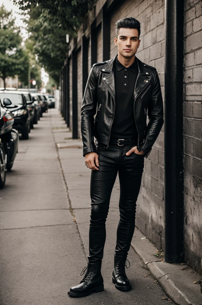 Guy wearing black combat boots with black leather biker black polo and black jeans standing looking at me 