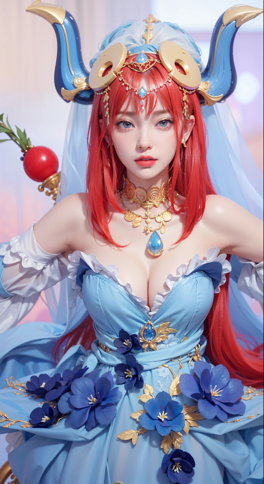 Realistic style,8K picture quality,Very detailed, Delicate face, Realistic style的照片, Stock Photography , rich and colorful, Surreal, Realistic textures, Dramatic Lighting, Distiller 800 (8K, original photo, Better quality, masterpiece: 1.2), Very detailed, (Extremely delicate skin: 1.2), 8K Ultra HD, SLR camera, Soft Light, high quality, 冰冻Queen, Queen, snow castle,Blue pupils,Apply red lipstick,Very delicate tattoo design,Gold Jewelry,breasts symmetrical