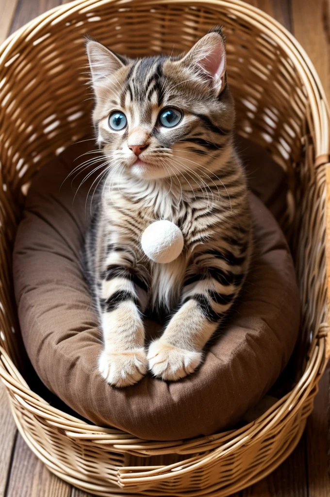 a picture of a cute little kitty in a basket of balls