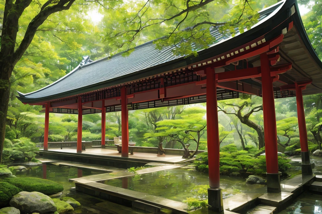 oriental building, masterpiece, japanese, forest, rainforest