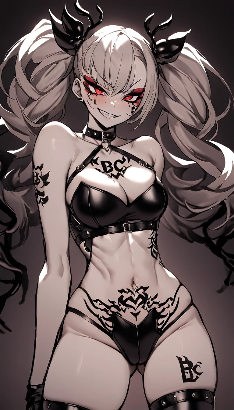 Hair, Twin Tail Hair Style, Pale White Skin, Smooth Skin, Face Freckles, Leather Straps on Thighs, Nice Cleavage, Slutty, Sexy, Sassy, Smirking, Tease, Teasing, Close Up, Upper Body Shot, Teasing, Sexy Pose, Blacked Fetish, Blacked Tags, Blacked Tattoos, Lots of Tattoos, Blacked Kink, Black Spade Tattoo, Full Body Covered In Tattoos, Black Vine Tattoos, BBC Tattoos, Black Owned Tattoos, Black Fist Tattoos, Black Owned, The Word Blacked Tattooed, The Letters BBC Tattooed, Stomach Tattoos, Womb Tattoo, Face Tattoos, Full Body Tattoos, Breast Tattoos,