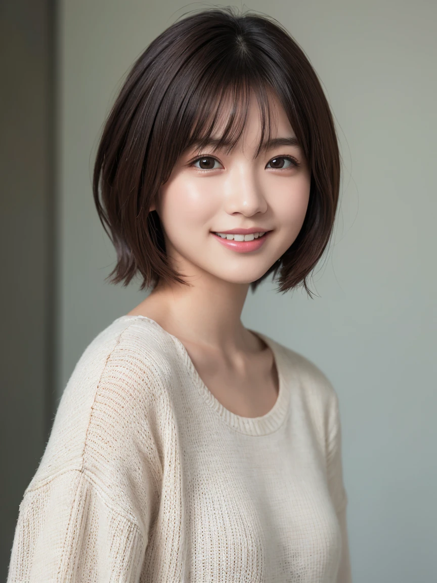 Highest quality, masterpiece, Ultra-high resolution, (Realistic:1.3), Portrait, (One Girl), Facing right, whole body, (20-year-old), (smile:0.9), (Shiny skin), (short hair, Dark brown hair), Wearing a knit, smile, (Ultra detailed face), one's home, indoor, (Highly detailed eyes), (Highly detailed nose), (Highly detailed mouth), (Very skilled hands), (Super-detailed body), Sony a7, 85mm lens, f9.0, Pan Focus, Cute gestures