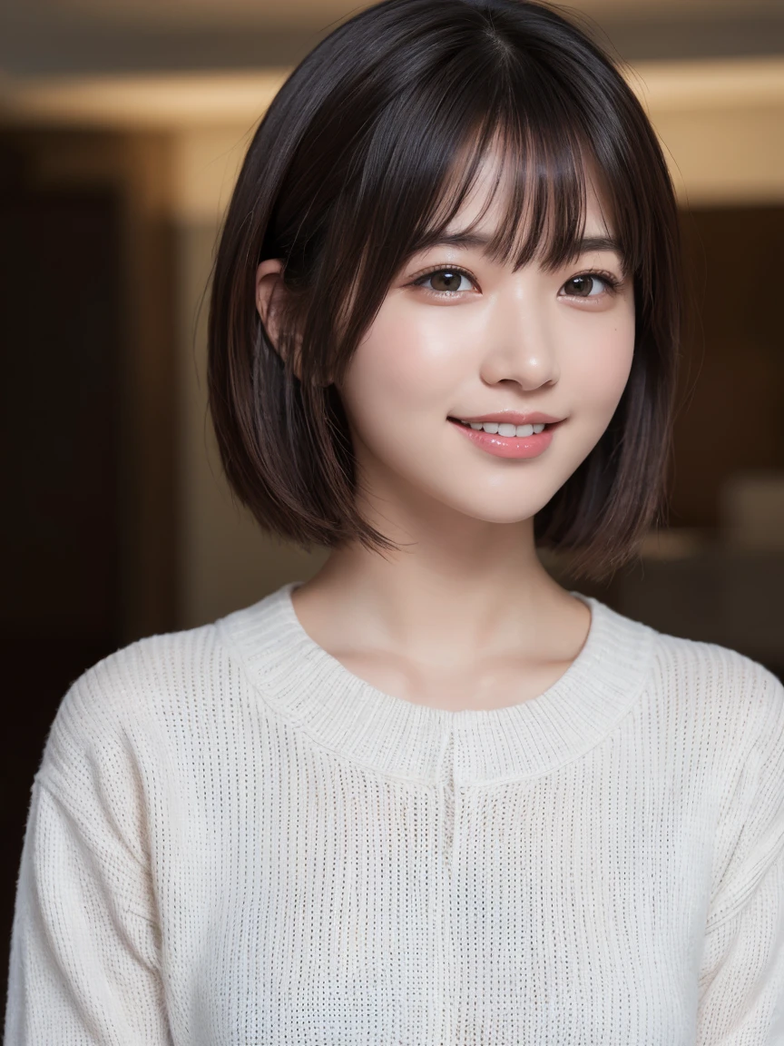 Highest quality, masterpiece, Ultra-high resolution, (Realistic:1.3), Portrait, (One Girl), Facing right, whole body, (20-year-old), (smile:0.9), (Shiny skin), (short hair, Dark brown hair), Wearing a knit, smile, (Ultra detailed face), one&#39;s home, indoor, (Highly detailed eyes), (Highly detailed nose), (Highly detailed mouth), (Very skilled hands), (Super-detailed body), Sony a7, 85mm lens, f9.0, Pan Focus, Cute gestures