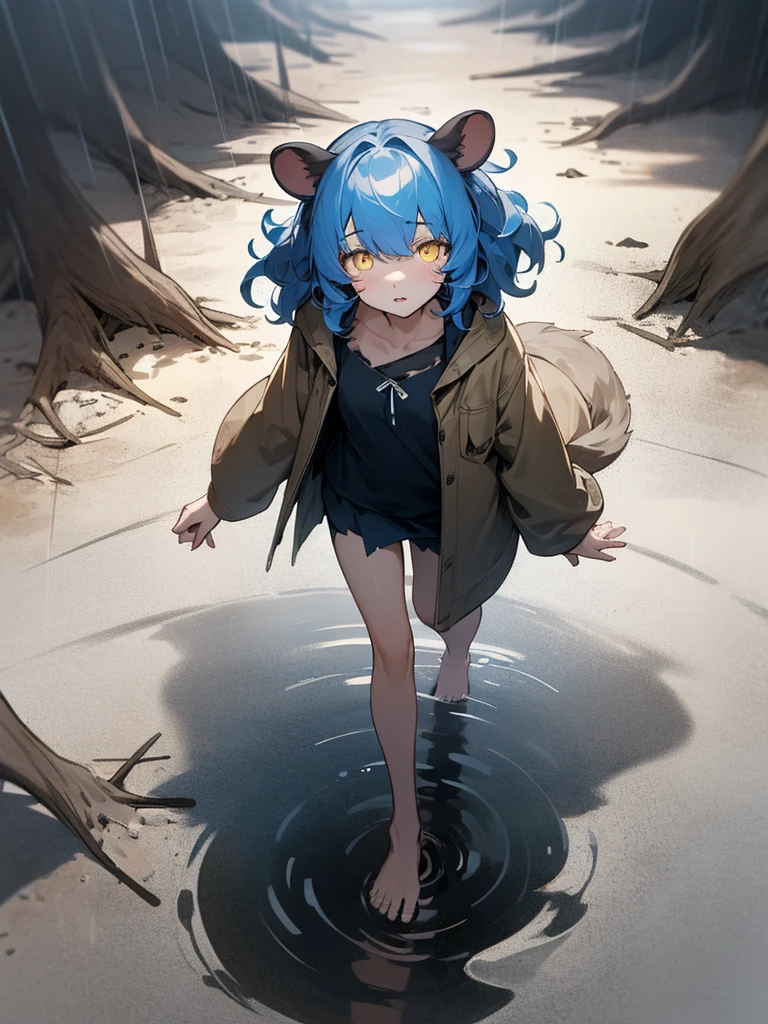(best quality:1.5), dimmed color, (darkness:1.5), (night:1.3), (silhouette:0.1), 1girl, solo, smaller female, yellow eyes, glowing eyes, Indigo blue hair, messy hair, wavy hair, hair over eyes, half closed eyes, parted lips, brown clothhes, (torn clothhes:1.2), rat ears, rat tail, collarbone, barefoot, (walking:1.1), looking up, (shoot from above:1.2), listless, downer, (dark forest:1.2), (rain1.2), puddle