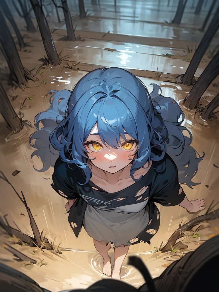 (best quality:1.5), dimmed color, (darkness:1.5), (night:1.3), (silhouette:0.1), 1girl, solo, smaller female, yellow eyes, glowing eyes, Indigo blue hair, messy hair, wavy hair, hair over eyes, half closed eyes, parted lips, brown clothhes, (torn clothhes:1.2), rat ears, rat tail, collarbone, barefoot, (walking:1.1), looking up, (shoot from above:1.2), listless, downer, (dark forest:1.2), (rain1.2), puddle