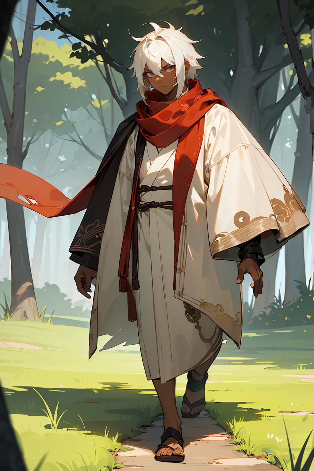 ((masterpiece,best quality,1male,male focus,masculine,solo,closed mouth,teenager,muscle,muscular)),((((white hair,short messy hair)))),((pale blue eyes,perfect eyes,glowing eyes,perfect face,calm demeanor)),((((black skin tone,dark skin color,standing still,caramel skin color,white haori,tattered red scarf)))),((forest background,trees,walking on path,grass))
