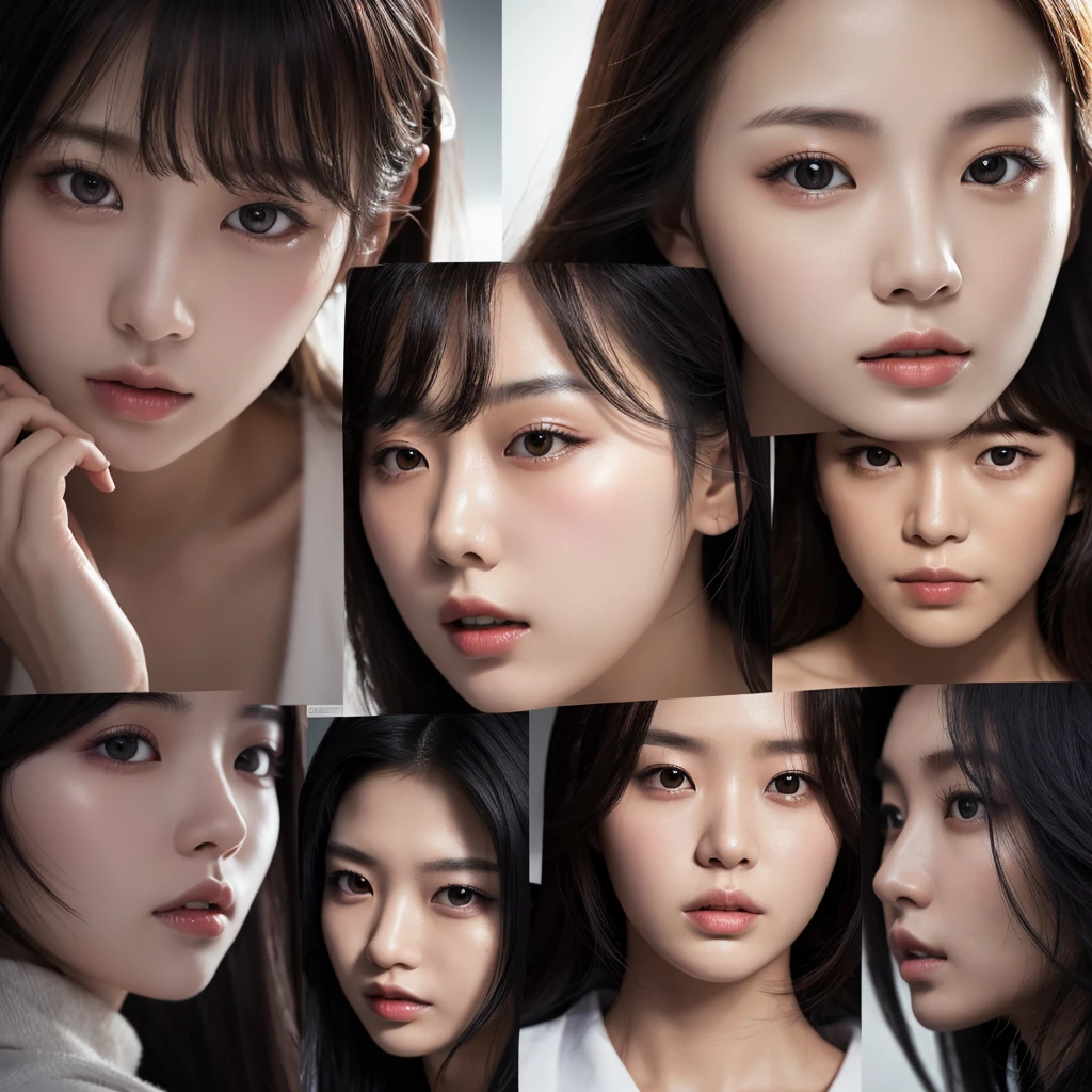 Close-up shot of three Korean beauties with seductive expressions。This scene is intense and dramatic.、Strobe lighting and strong backlighting create high contrast visuals。The women&#39;s faces are highlighted、It expresses an intense and captivating gaze.。」