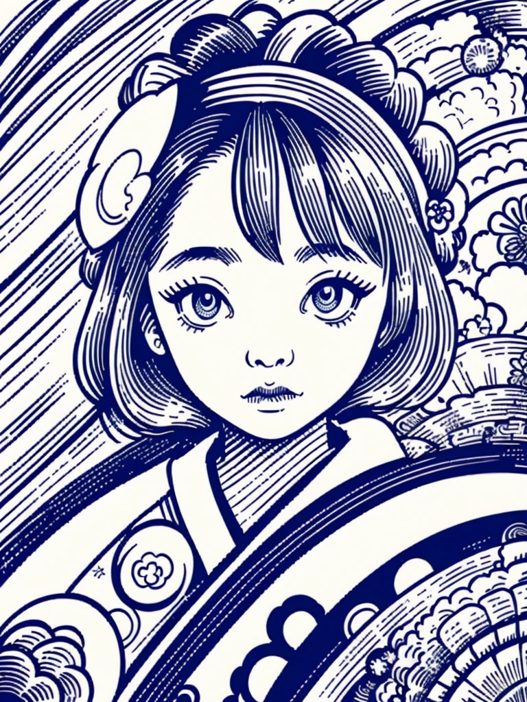 illustration of a traditional japanese girl, kimono, fancy hair, abstract and contemporary style, ((detailed and expressive eyes)), fine line art style, accent shading, blue pen only, traditional style