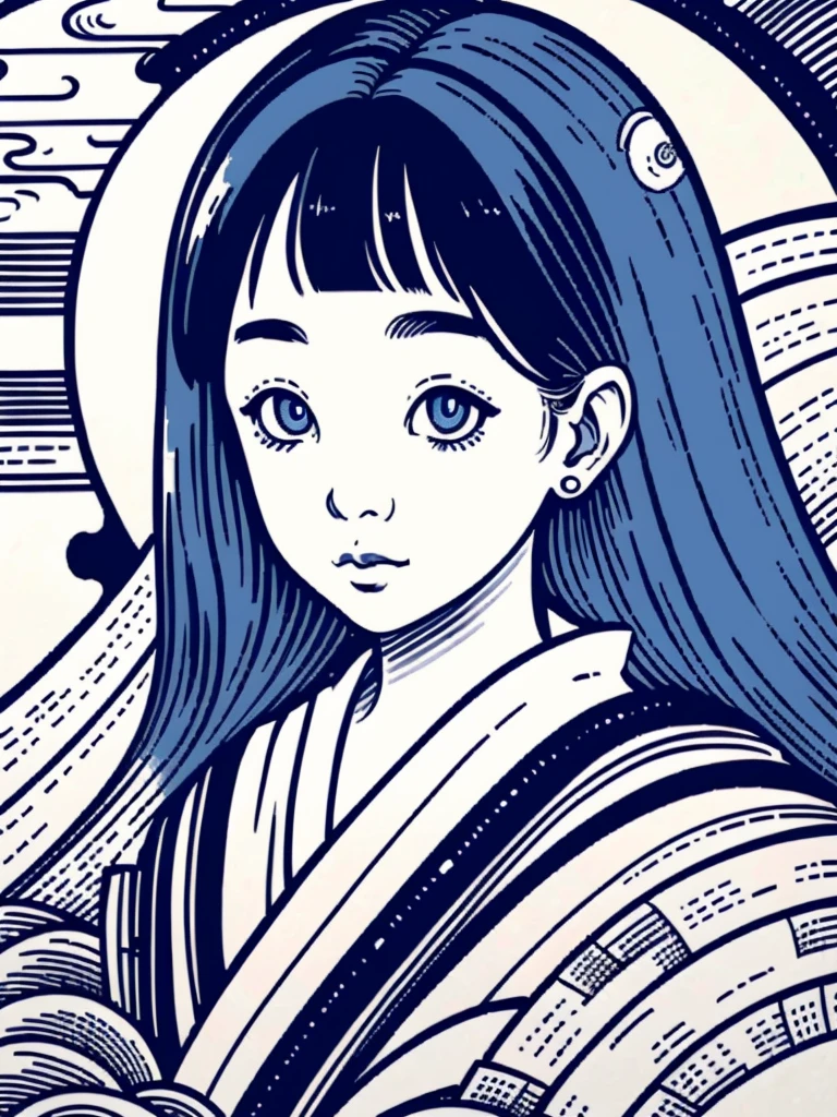 illustration of a traditional japanese girl, kimono, fancy hair, abstract and contemporary style, ((detailed and expressive eyes)), fine line art style, accent shading, blue pen only, traditional style