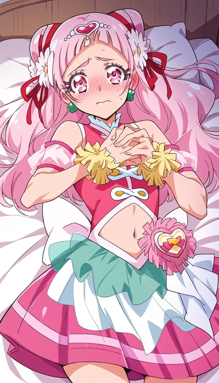 score_9, score_8_up, score_7_up, cure yell, lying on bed, hands hold up,cowboy shot,in luxury bed room. embarrassed face