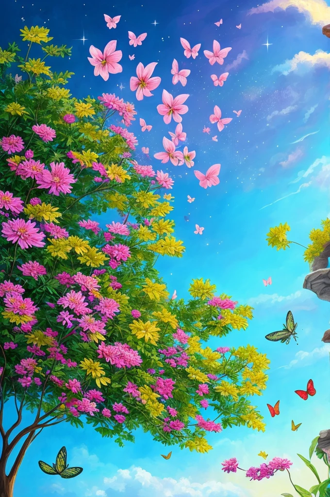 a painting of a tree with flowers and butterflies in the sky, 🌺 cgsociety, magical flowers, glowing flowers, night sky full of flowers, very beautiful digital art, beautiful digital artwork, dawn cgsociety, trending on cgsociety art, beautiful digital art, beautiful depiction, beautiful gorgeous digital art, gorgeous digital art, by Yang J, cgsociety saturated colors