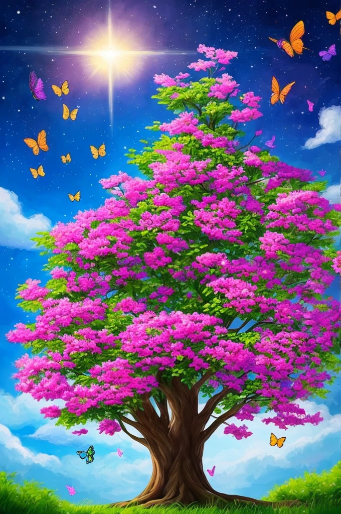 a painting of a tree with flowers and butterflies in the sky, 🌺 cgsociety, magical flowers, glowing flowers, night sky full of flowers, very beautiful digital art, beautiful digital artwork, dawn cgsociety, trending on cgsociety art, beautiful digital art, beautiful depiction, beautiful gorgeous digital art, gorgeous digital art, by Yang J, cgsociety saturated colors