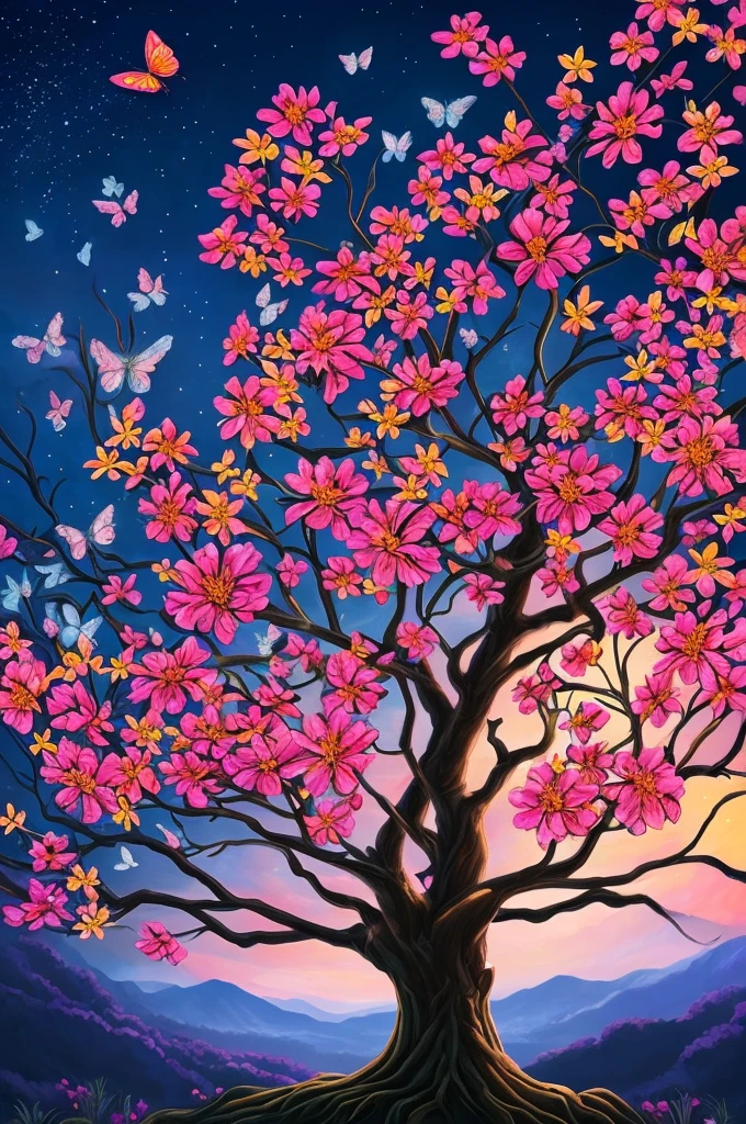 a painting of a tree with flowers and butterflies in the sky, 🌺 cgsociety, magical flowers, glowing flowers, night sky full of flowers, very beautiful digital art, beautiful digital artwork, dawn cgsociety, trending on cgsociety art, beautiful digital art, beautiful depiction, beautiful gorgeous digital art, gorgeous digital art, by Yang J, cgsociety saturated colors