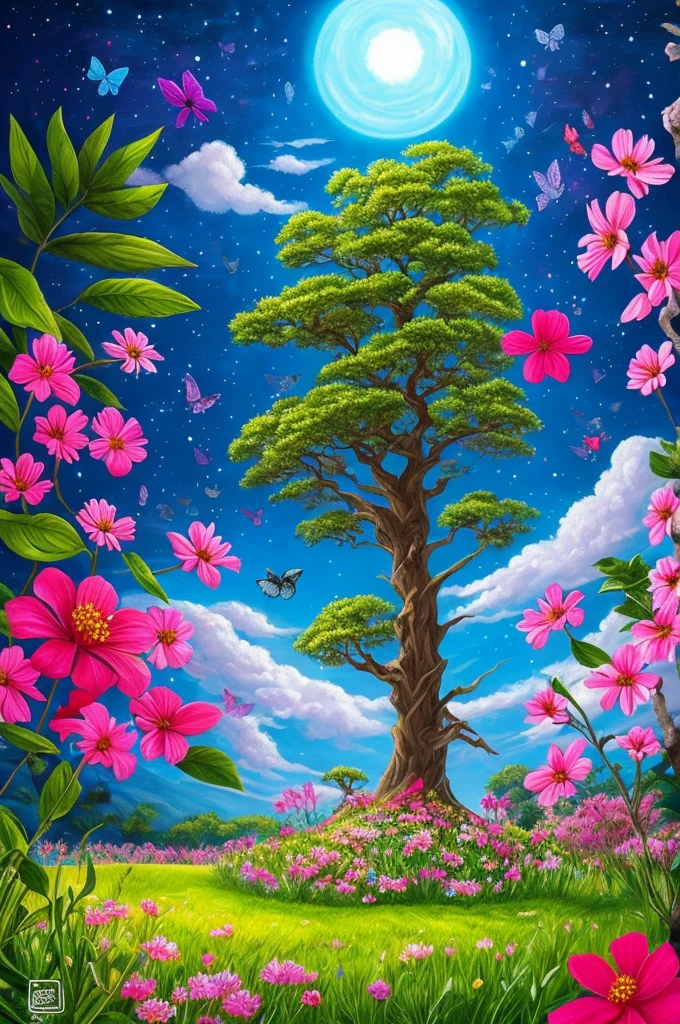 a painting of a tree with flowers and butterflies in the sky, 🌺 cgsociety, magical flowers, glowing flowers, night sky full of flowers, very beautiful digital art, beautiful digital artwork, dawn cgsociety, trending on cgsociety art, beautiful digital art, beautiful depiction, beautiful gorgeous digital art, gorgeous digital art, by Yang J, cgsociety saturated colors