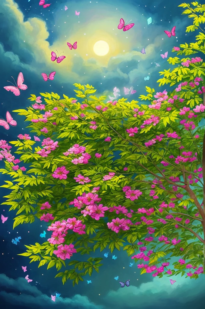 a painting of a tree with flowers and butterflies in the sky, 🌺 cgsociety, magical flowers, glowing flowers, night sky full of flowers, very beautiful digital art, beautiful digital artwork, dawn cgsociety, trending on cgsociety art, beautiful digital art, beautiful depiction, beautiful gorgeous digital art, gorgeous digital art, by Yang J, cgsociety saturated colors