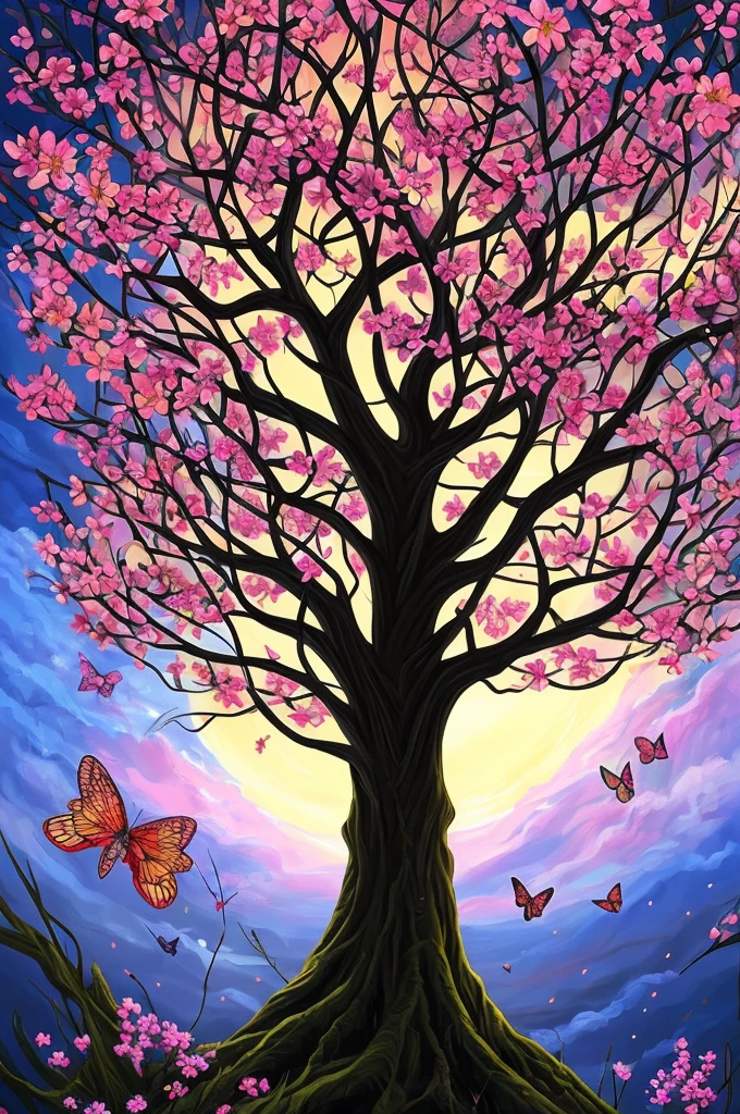 a painting of a tree with flowers and butterflies in the sky, 🌺 cgsociety, magical flowers, glowing flowers, night sky full of flowers, very beautiful digital art, beautiful digital artwork, dawn cgsociety, trending on cgsociety art, beautiful digital art, beautiful depiction, beautiful gorgeous digital art, gorgeous digital art, by Yang J, cgsociety saturated colors