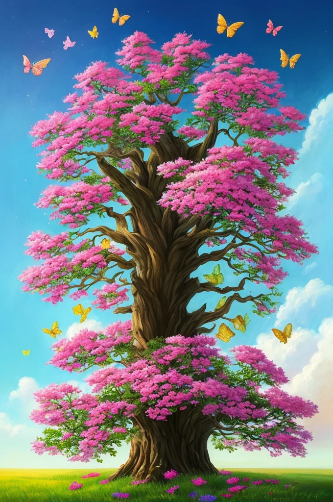 a painting of a tree with flowers and butterflies in the sky, a digital painting by Yang J, trending on cgsociety, fantasy art, 🌺 cgsociety, magical flowers, glowing flowers, night sky full of flowers, very beautiful digital art, dawn cgsociety, beautiful digital artwork, trending on cgsociety art, beautiful digital art, beautiful gorgeous digital art, beautiful depiction