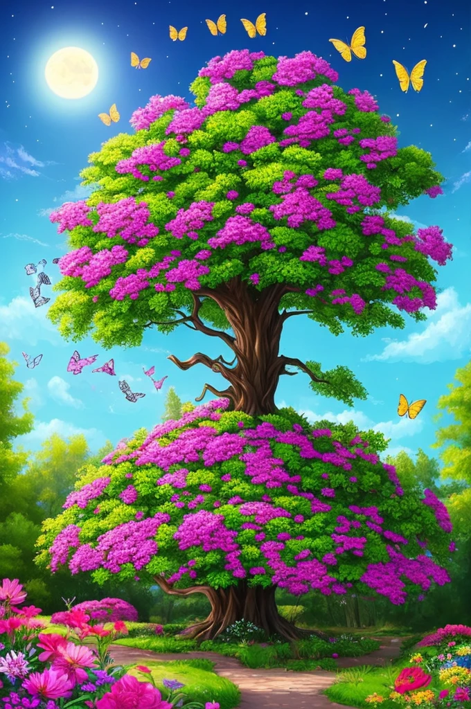 a painting of a tree with flowers and butterflies in the sky, 🌺 cgsociety, magical flowers, glowing flowers, night sky full of flowers, very beautiful digital art, beautiful digital artwork, dawn cgsociety, trending on cgsociety art, beautiful digital art, beautiful depiction, beautiful gorgeous digital art, gorgeous digital art, by Yang J, cgsociety saturated colors