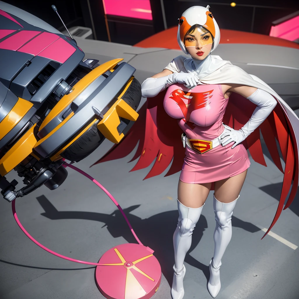 ANI_CLASSIC_jun_gatchaman_ownwaifu,1girl, 15yo,good anatomy, masterpiece, best quality,realistic, hyper realistic, 16k hdr, long hair,breasts,lips,large breasts,lipstick,makeup,gloves,cape,helmet,belt,elbow gloves,white gloves,mask,ultra miniskirt,leotard,spacesuit,white tight overknee highheels boots,pink dress,superhero,bodysuit,cleavage,erected nipples,(stand pose,hands on hip),(spread legs:1.1),cameltoe