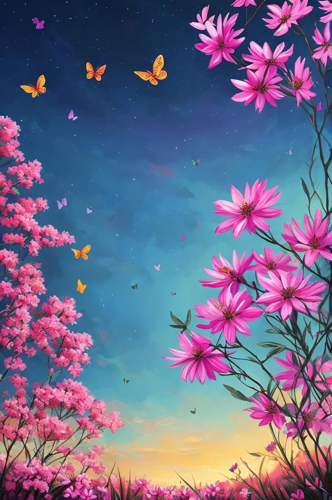 a painting of a tree with flowers and butterflies in the sky, 🌺 cgsociety, magical flowers, glowing flowers, night sky full of flowers, very beautiful digital art, beautiful digital artwork, dawn cgsociety, trending on cgsociety art, beautiful digital art, beautiful depiction, beautiful gorgeous digital art, gorgeous digital art, by Yang J, cgsociety saturated colors