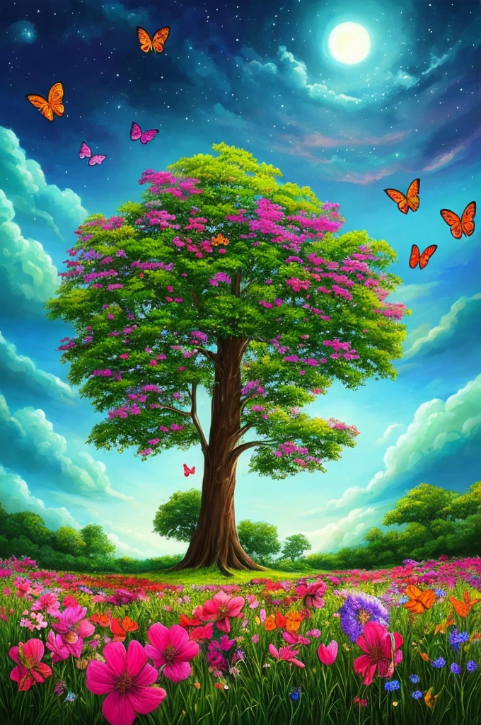 a painting of a tree with flowers and butterflies in the sky, 🌺 cgsociety, magical flowers, glowing flowers, night sky full of flowers, very beautiful digital art, beautiful digital artwork, dawn cgsociety, trending on cgsociety art, beautiful digital art, beautiful depiction, beautiful gorgeous digital art, gorgeous digital art, by Yang J, cgsociety saturated colors