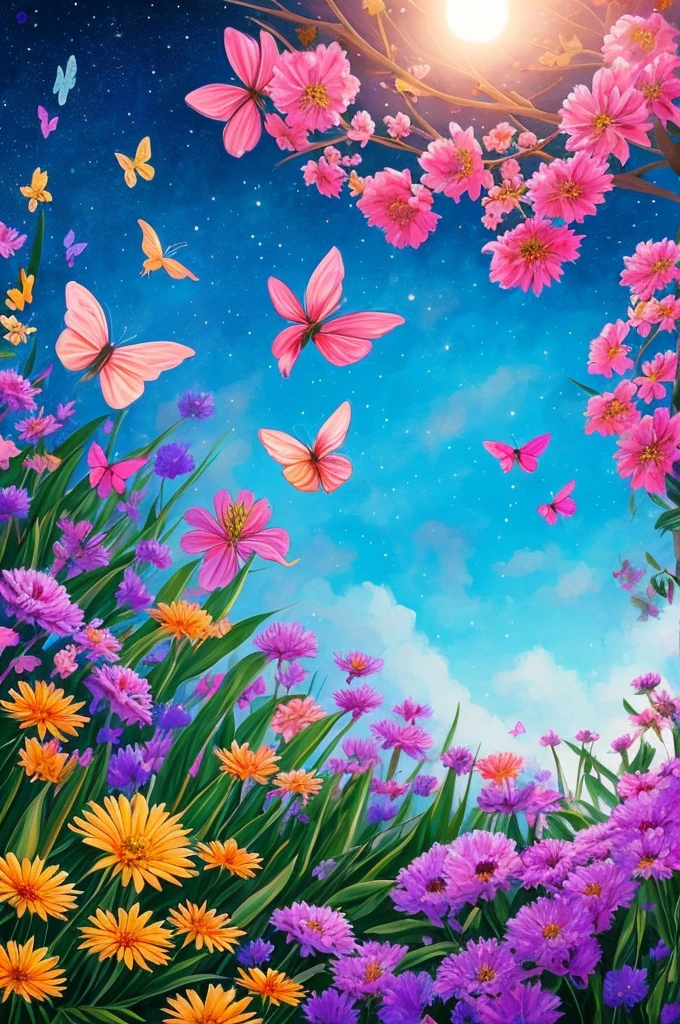 a painting of a tree with flowers and butterflies in the sky, 🌺 cgsociety, magical flowers, glowing flowers, night sky full of flowers, very beautiful digital art, beautiful digital artwork, dawn cgsociety, trending on cgsociety art, beautiful digital art, beautiful depiction, beautiful gorgeous digital art, gorgeous digital art, by Yang J, cgsociety saturated colors