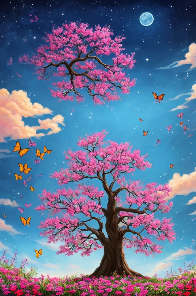 a painting of a tree with flowers and butterflies in the sky, 🌺 cgsociety, magical flowers, glowing flowers, night sky full of flowers, very beautiful digital art, beautiful digital artwork, dawn cgsociety, trending on cgsociety art, beautiful digital art, beautiful depiction, beautiful gorgeous digital art, gorgeous digital art, by Yang J, cgsociety saturated colors