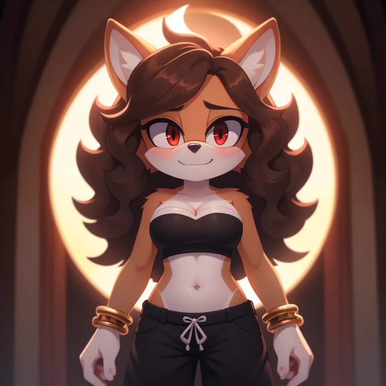 mobian, solo, hedgehog, two-tone fur ((orange fur, brown fur)), strapless crop top, baggy pants, cleavage, two-tone hair (brown hair, black tip)), curly hair, halo, sunglasses, jewelry, red eyes, longeyelashes, red eyes, smile, shy, blush,  framed, stereogram, image fill, viewfinder, depth of field, high details, high detail, masterpiece, UHD, anatomically correct, super detail, highres, 4K