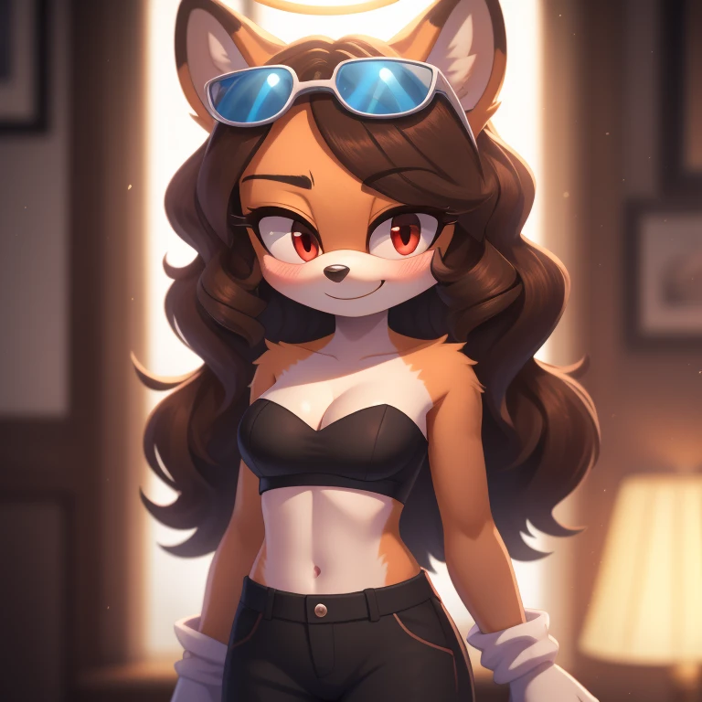 mobian, solo, hedgehog, two-tone fur ((orange fur, brown fur)), strapless crop top, baggy pants, cleavage, two-tone hair (brown hair, black tip)), curly hair, halo, sunglasses, jewelry, red eyes, longeyelashes, red eyes, smile, shy, blush,  framed, stereogram, image fill, viewfinder, depth of field, high details, high detail, masterpiece, UHD, anatomically correct, super detail, highres, 4K