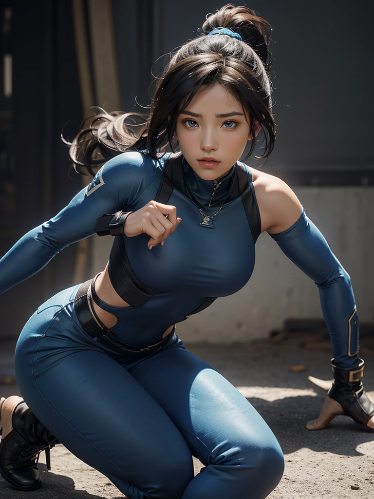 Korra from the legend of korra, beautiful woman with bold features, wearing high neck top, baggy pants, high boots, big blue eyes, gorgeous look, black overhead pony tail hair, realistic, photorealistic, photo-realistic:1.37, best quality,4k,8k,highres,masterpiece:1.2,ultra-detailed,vivid colors,physically-based rendering,extreme detail description,professional
