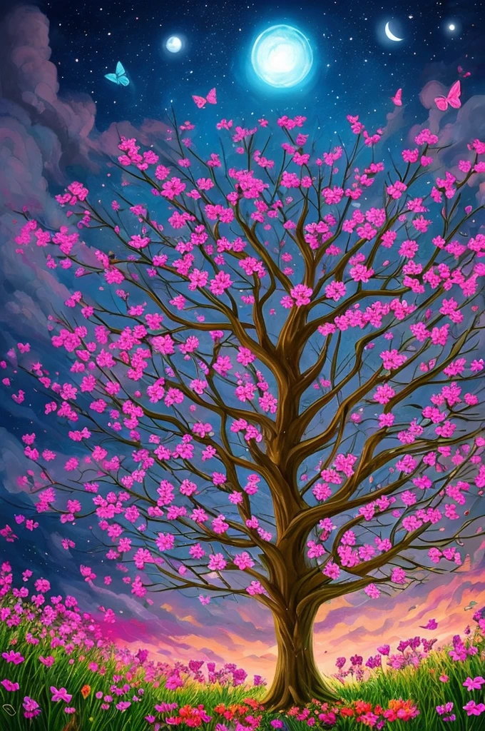 a painting of a tree with flowers and butterflies in the sky, 🌺 cgsociety, magical flowers, glowing flowers, night sky full of flowers, very beautiful digital art, beautiful digital artwork, dawn cgsociety, trending on cgsociety art, beautiful digital art, beautiful depiction, beautiful gorgeous digital art, gorgeous digital art, by Yang J, cgsociety saturated colors