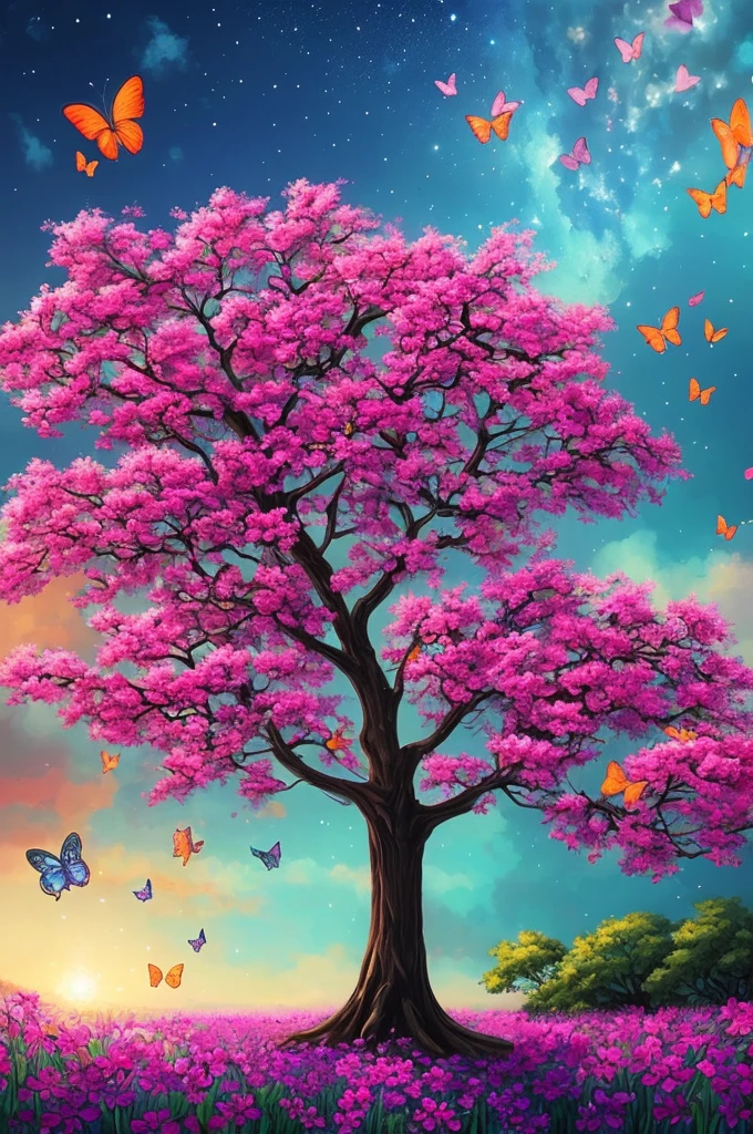 a painting of a tree with flowers and butterflies in the sky, 🌺 cgsociety, magical flowers, glowing flowers, night sky full of flowers, very beautiful digital art, beautiful digital artwork, dawn cgsociety, trending on cgsociety art, beautiful digital art, beautiful depiction, beautiful gorgeous digital art, gorgeous digital art, by Yang J, cgsociety saturated colors