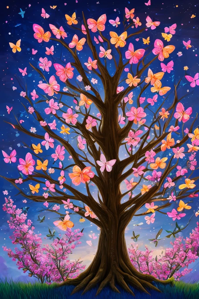 a painting of a tree with flowers and butterflies in the sky, 🌺 cgsociety, magical flowers, glowing flowers, night sky full of flowers, very beautiful digital art, beautiful digital artwork, dawn cgsociety, trending on cgsociety art, beautiful digital art, beautiful depiction, beautiful gorgeous digital art, gorgeous digital art, by Yang J, cgsociety saturated colors