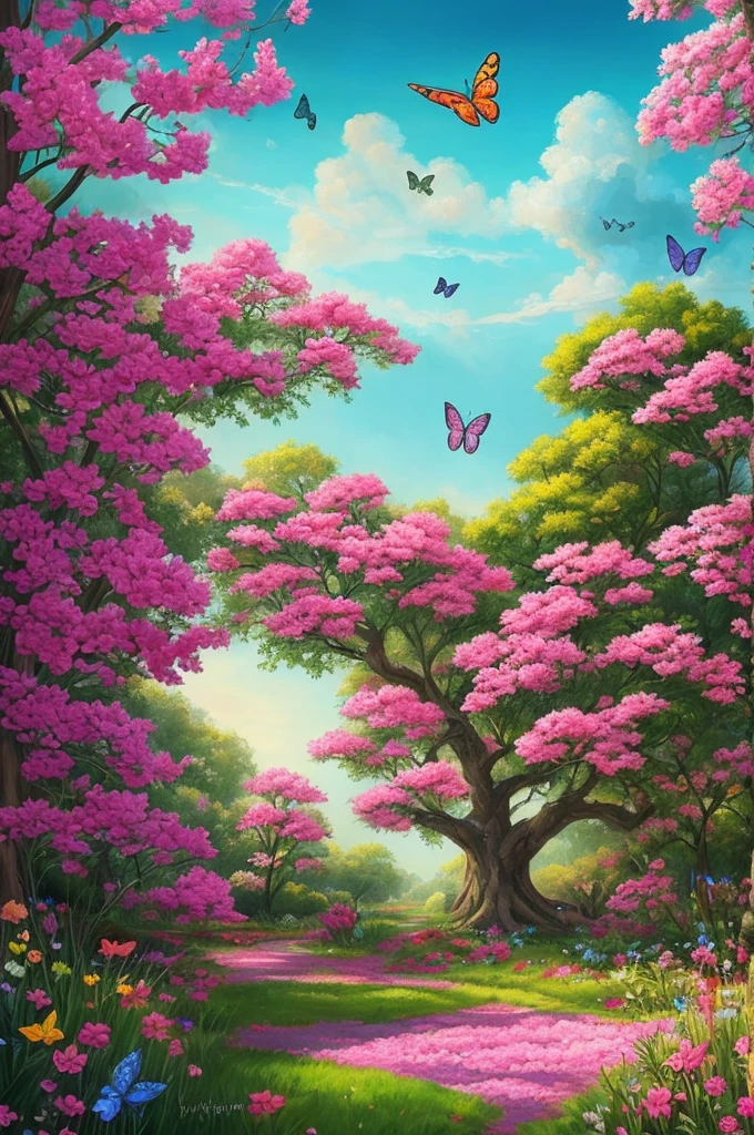 a painting of a tree with flowers and butterflies in the sky, 🌺 cgsociety, magical flowers, glowing flowers, night sky full of flowers, very beautiful digital art, beautiful digital artwork, dawn cgsociety, trending on cgsociety art, beautiful digital art, beautiful depiction, beautiful gorgeous digital art, gorgeous digital art, by Yang J, cgsociety saturated colors