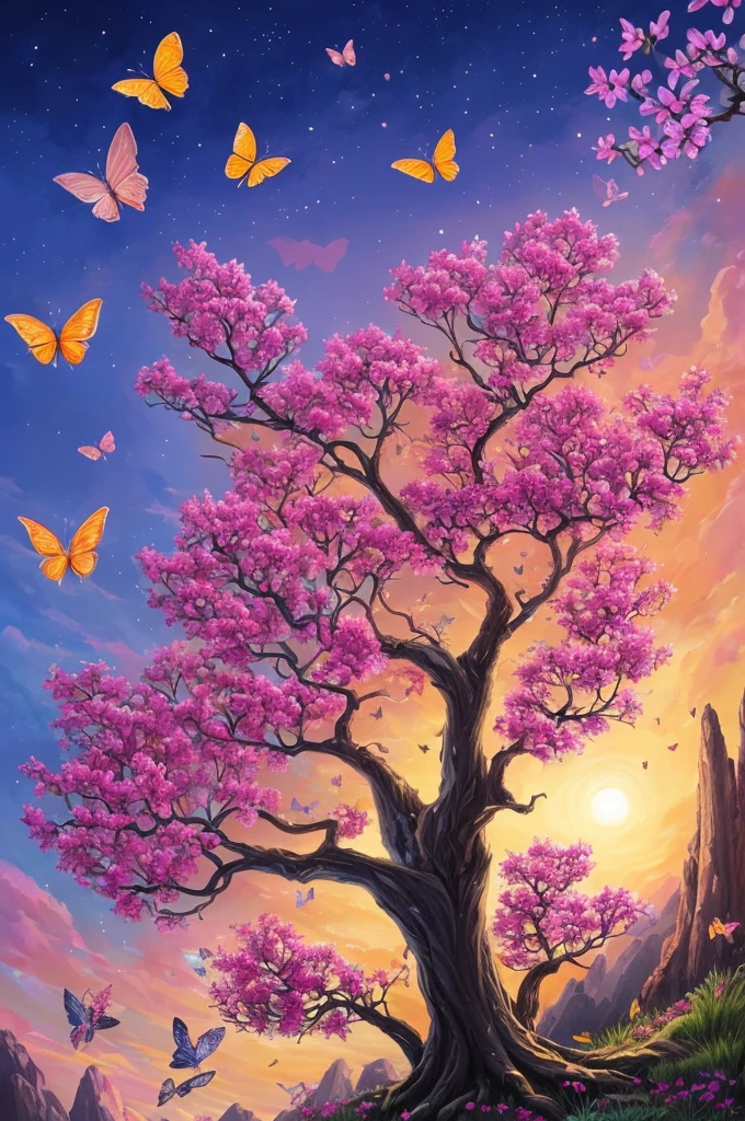 a painting of a tree with flowers and butterflies in the sky, 🌺 cgsociety, magical flowers, glowing flowers, night sky full of flowers, very beautiful digital art, beautiful digital artwork, dawn cgsociety, trending on cgsociety art, beautiful digital art, beautiful depiction, beautiful gorgeous digital art, gorgeous digital art, by Yang J, cgsociety saturated colors