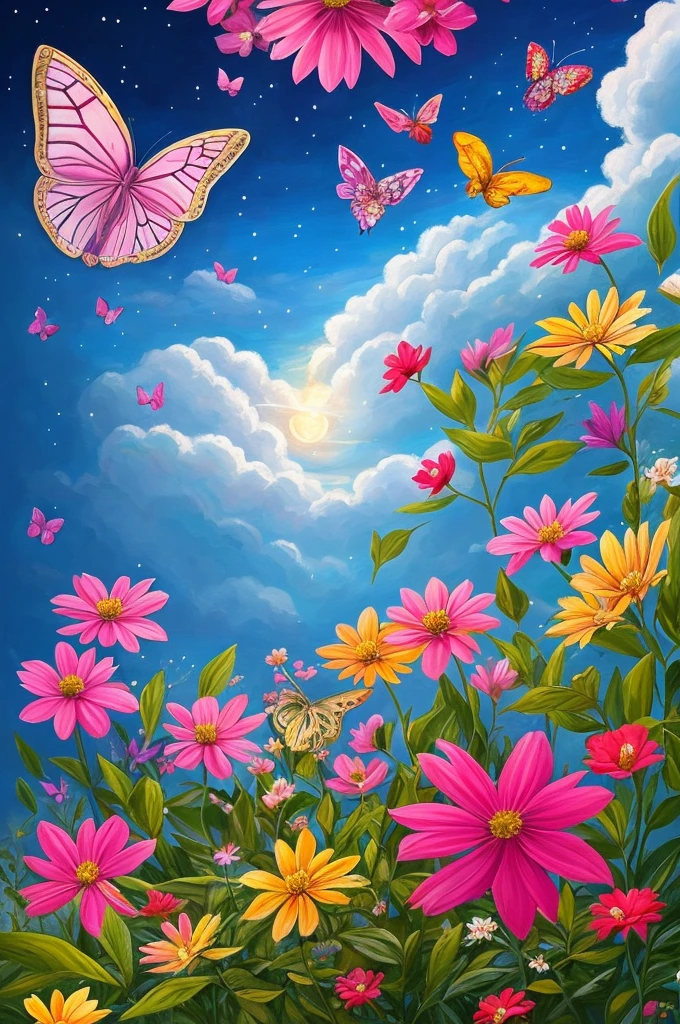 a painting of a tree with flowers and butterflies in the sky, 🌺 cgsociety, magical flowers, glowing flowers, night sky full of flowers, very beautiful digital art, beautiful digital artwork, dawn cgsociety, trending on cgsociety art, beautiful digital art, beautiful depiction, beautiful gorgeous digital art, gorgeous digital art, by Yang J, cgsociety saturated colors