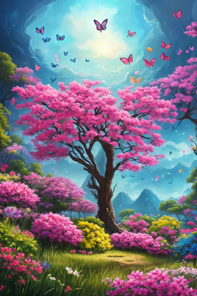 a painting of a tree with flowers and butterflies in the sky, 🌺 cgsociety, magical flowers, glowing flowers, night sky full of flowers, very beautiful digital art, beautiful digital artwork, dawn cgsociety, trending on cgsociety art, beautiful digital art, beautiful depiction, beautiful gorgeous digital art, gorgeous digital art, by Yang J, cgsociety saturated colors