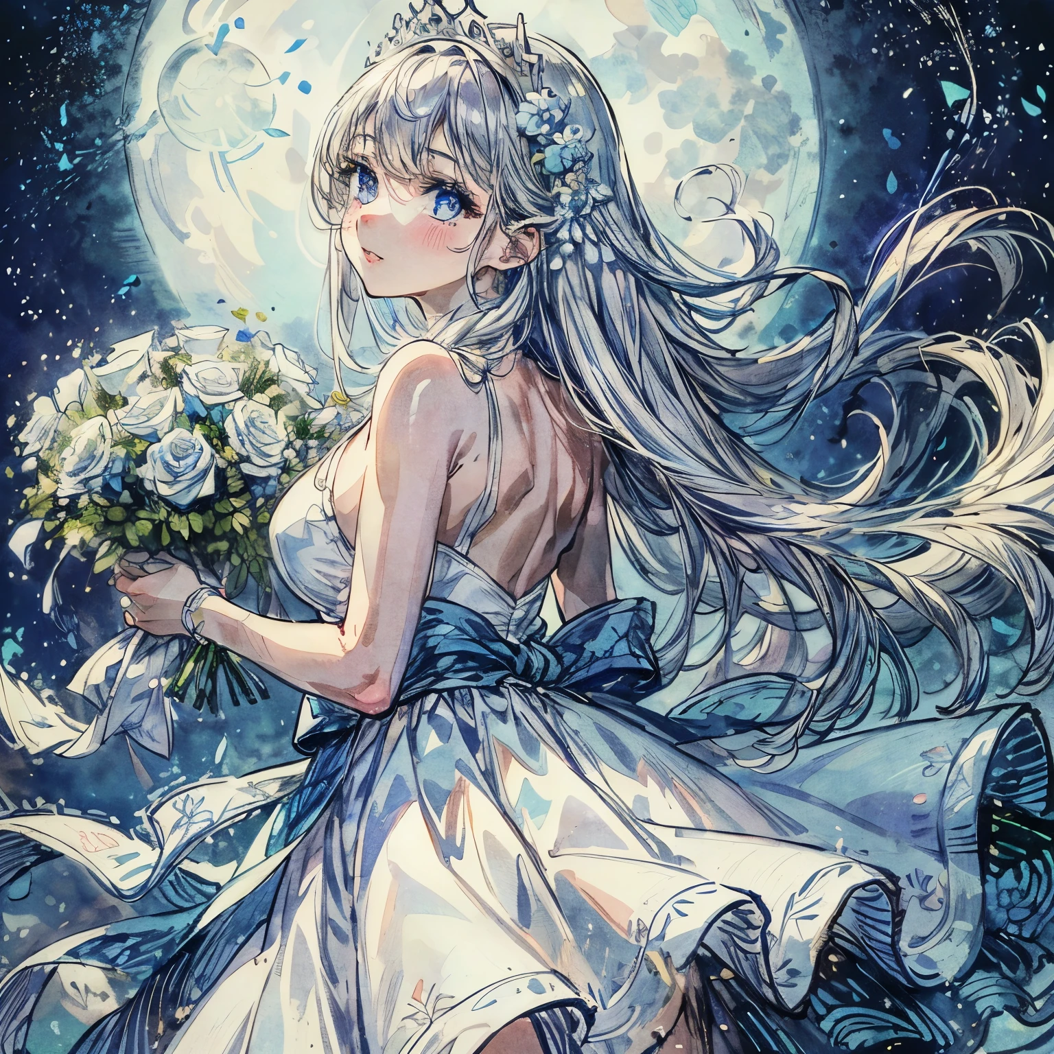 {worst quality, low quality}, facefocus, looking-up, A girl, White dress, (big breasts), (long silver hair), plump glossy lips, (beautiful clear Blue eyes:1.2), a flared skirt with a pure whitelace, holding a bouquet of pure white roses in her hands, cute pose, ((Perfect Hands:1.2)), looking back, (against the background of a beautiful night sky with a bright blue full moon), Blessed flowers fluttered like a blizzard and her beautiful hair swayed in the wind, masterpiece, best quality, ultra detailed, Super detailed,